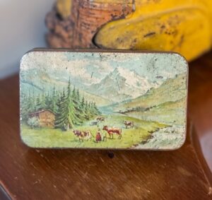 Vintage tin for fun finds and flowers friday. Alpins scene on a small candy tin from London