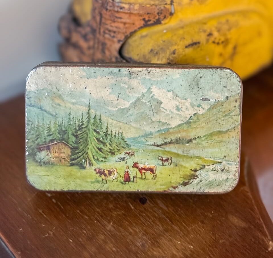 Vintage tin for fun finds and flowers friday. Alpins scene on a small candy tin from London