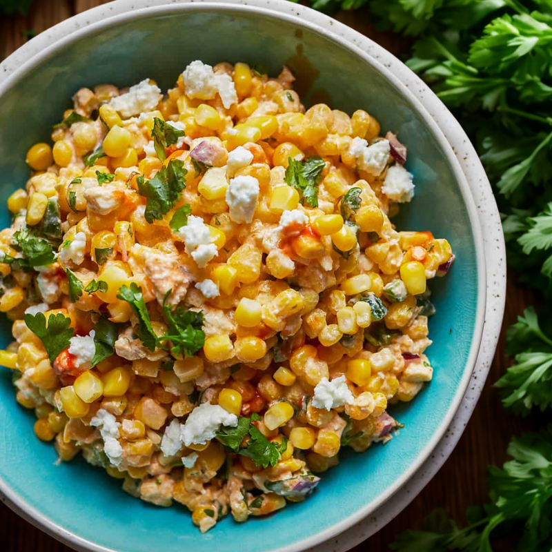 a bowl of healthy mexican street corn witha lush green background