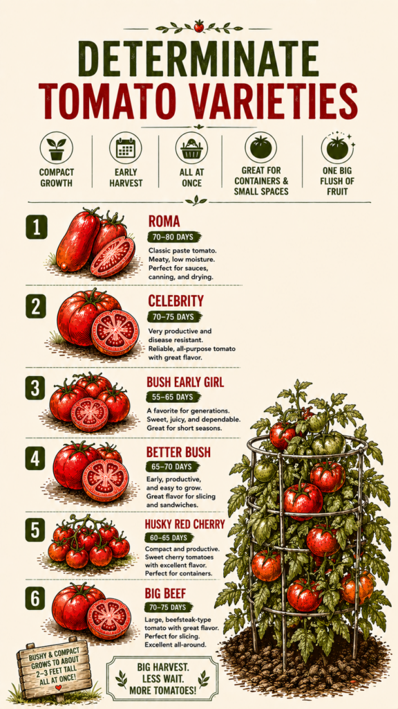 A graphic that shows all kinds of varieities of determinant  tomatoes as well as facts about them. 