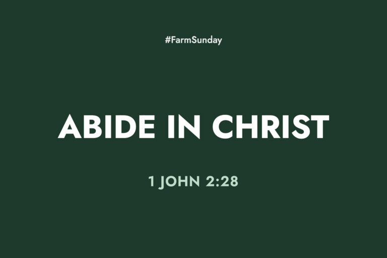 Farm Sunday devotional graphic reading Abide in Christ, with 1 John 2:28