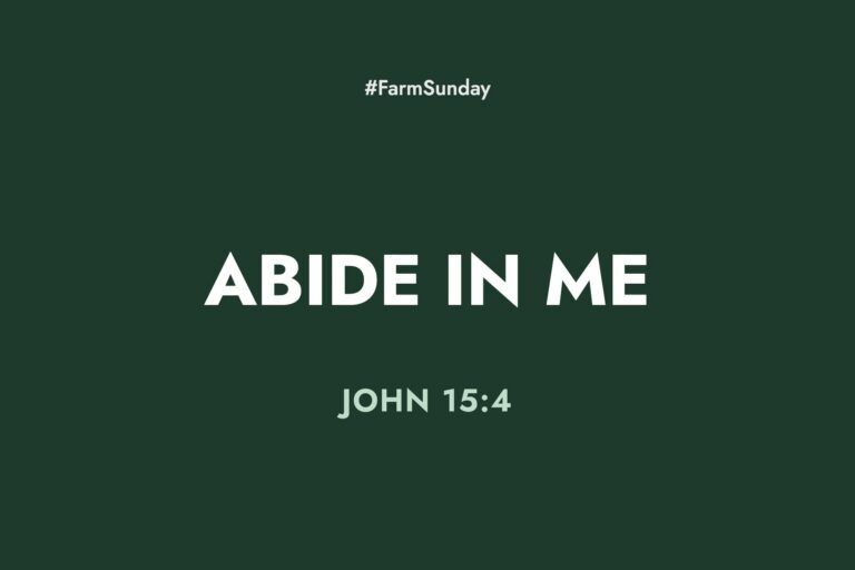 Farm Sunday devotional graphic reading Abide in Me, with John 15:4