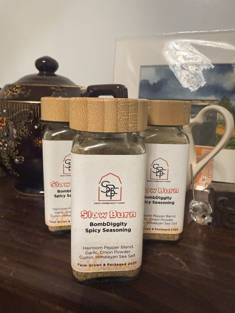 Jars of BombDiggity Slow Burn pepper spice blend on the counter