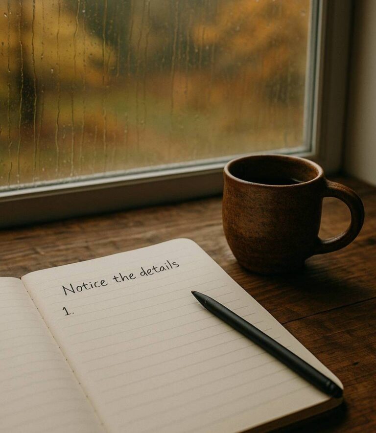 Rain on the window beside a notebook and a cup
