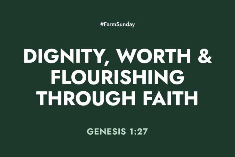 Farm Sunday devotional graphic reading Dignity, Worth & Flourishing through Faith, with Genesis 1:27