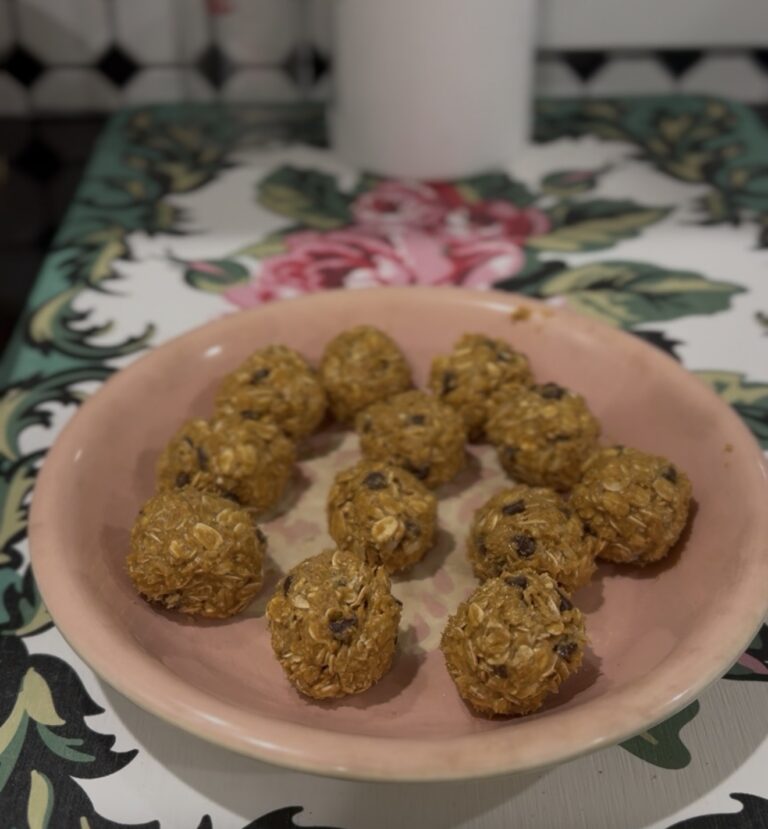 No bake energy bites on a floral plate