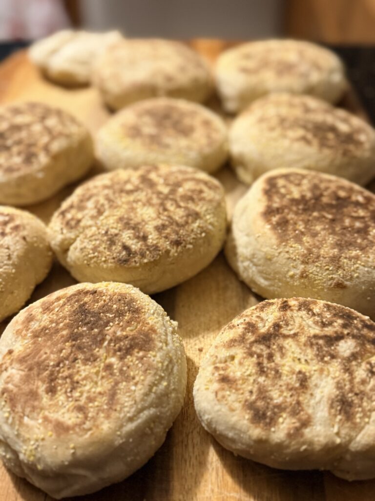 Sourdough discard English muffins browned on the griddle