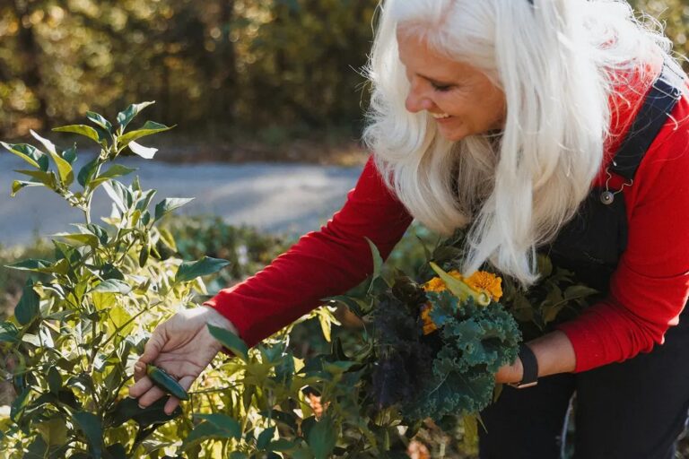 Jules Morris harvesting peppers in the fall garden at Sweet BombDiggity Farms, holding a bundle of kale and orange marigolds.