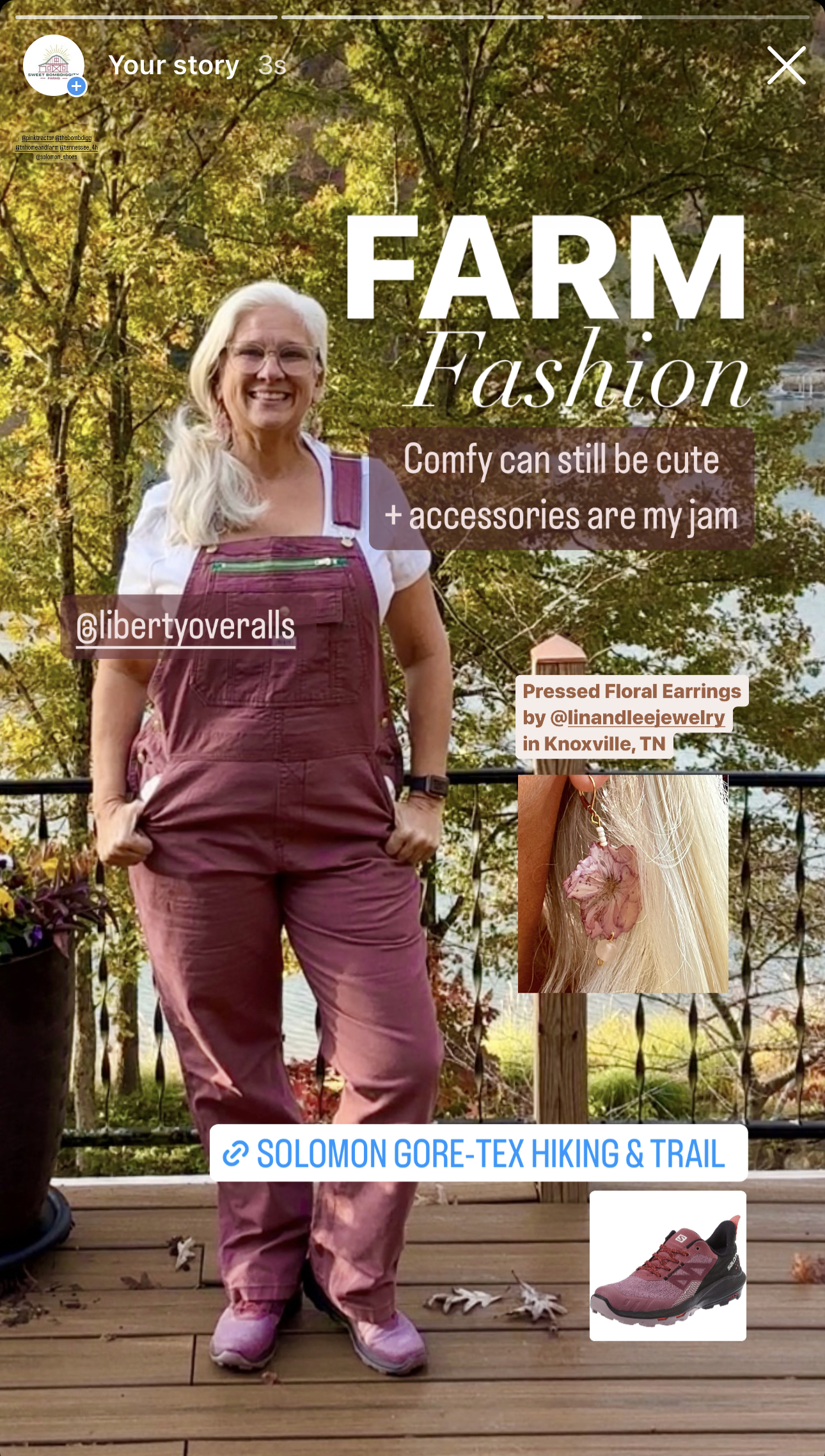 Jules Morris in rose colored overalls beside a fence, with text reading Fashion, comfy can still be cute