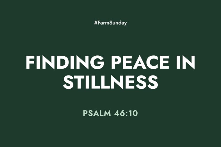 Farm Sunday devotional graphic reading Finding Peace in Stillness, with Psalm 46:10