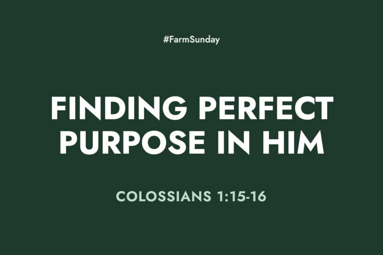 Farm Sunday devotional graphic reading Finding Perfect Purpose in Him, with Colossians 1:15-16