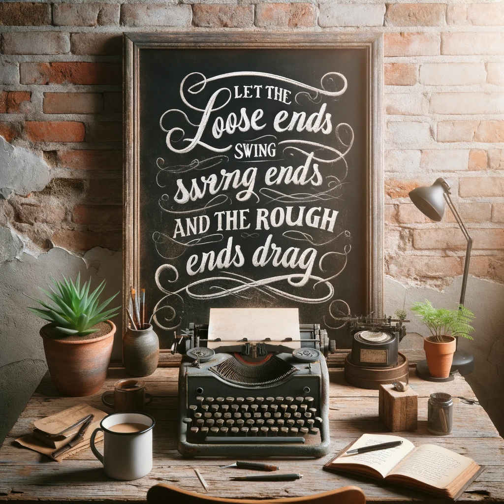 Chalkboard sign reading Let the loose ends swing and the rough ends drag