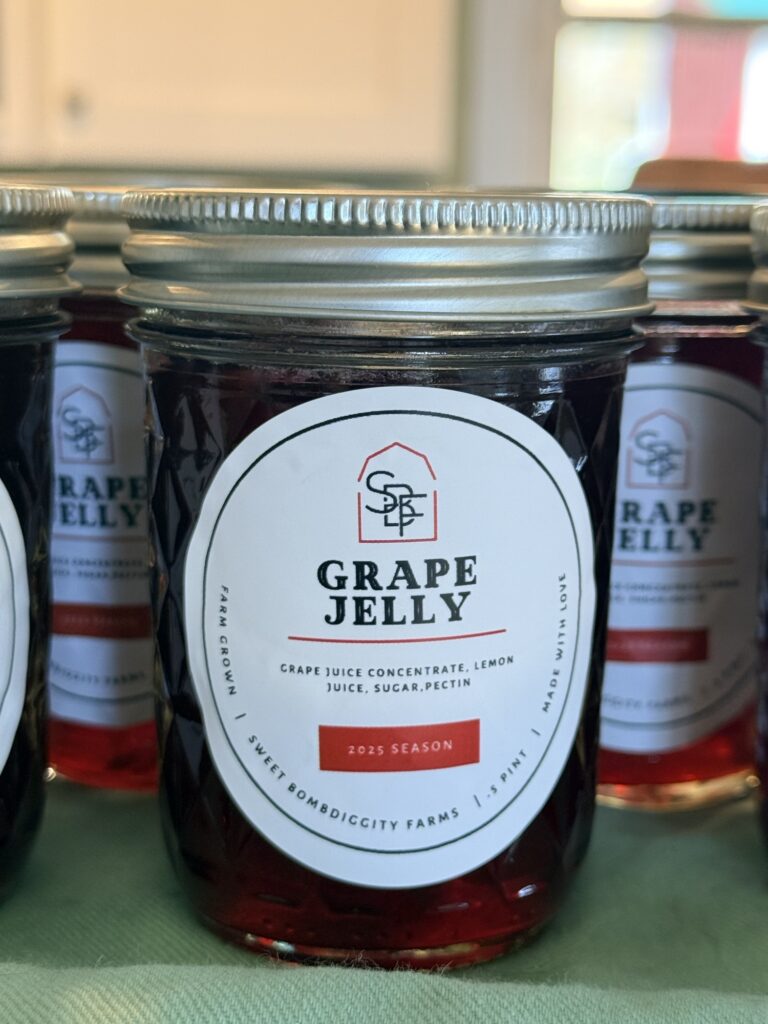 Jars of homemade grape jelly with Sweet BombDiggity Farms labels