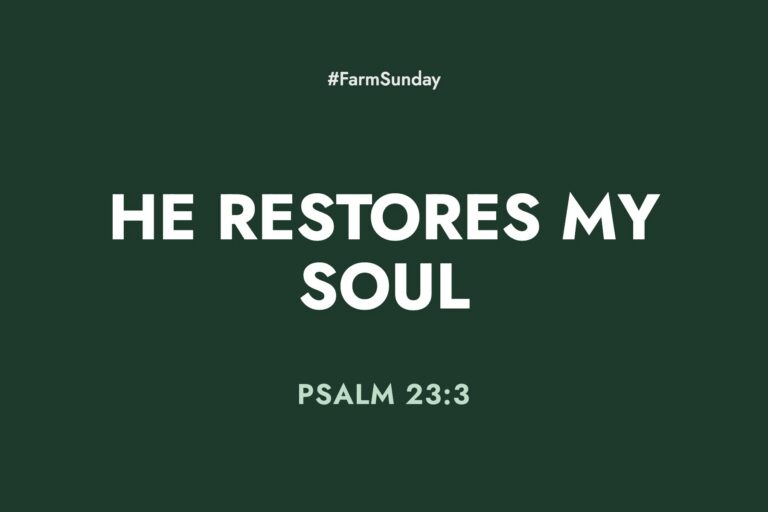 Farm Sunday devotional graphic reading He Restores My Soul, with Psalm 23:3