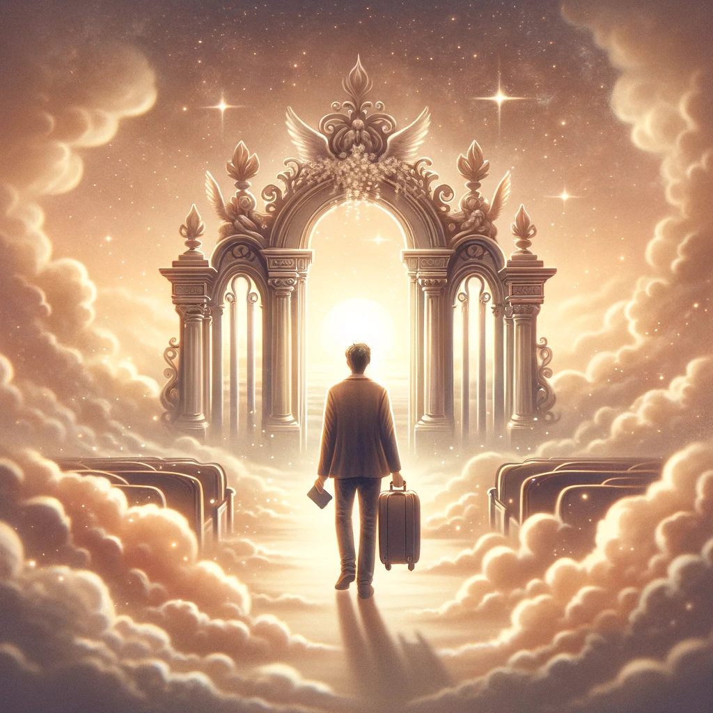 Illustration of a traveler with a suitcase walking toward a glowing gate in the clouds