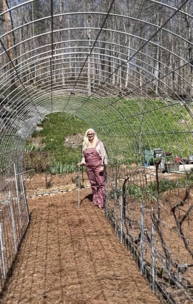 Jules Morris standing inside the bare arched cattle panel grape trellis in early spring, pine straw path running through it