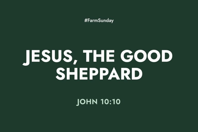 Farm Sunday devotional graphic reading Jesus, the Good Sheppard, with John 10:10