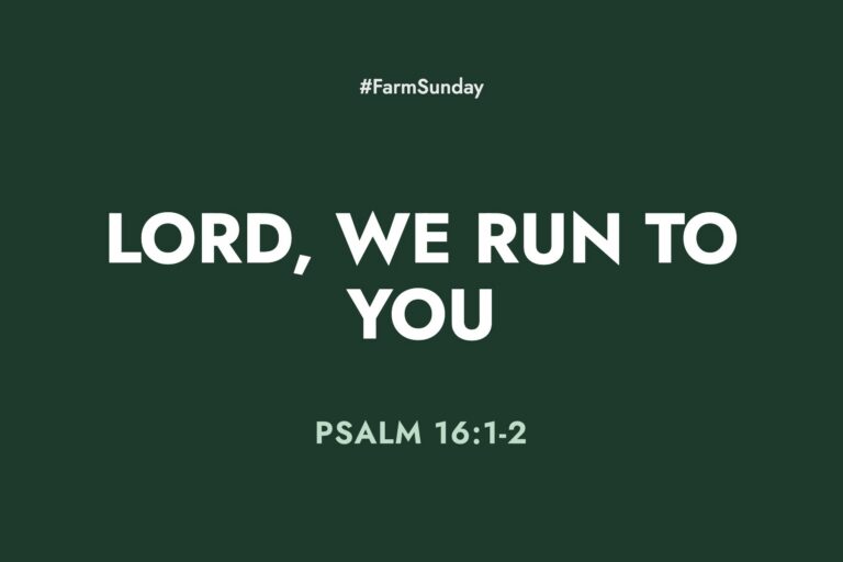 Farm Sunday devotional graphic reading Lord, We Run to You, with Psalm 16:1-2