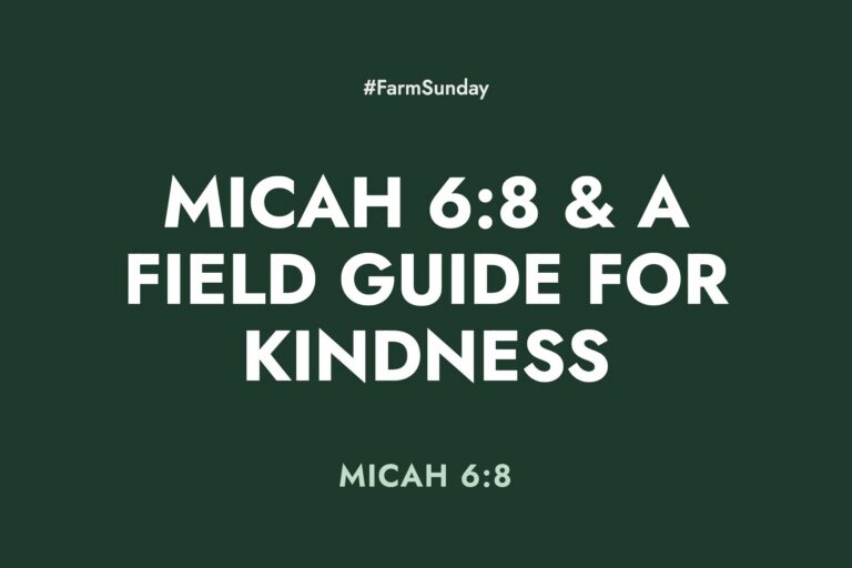 Farm Sunday devotional graphic reading Micah 6:8 & A Field Guide for Kindness, with Micah 6:8