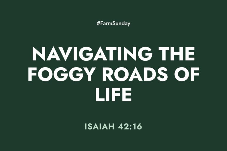 Farm Sunday devotional graphic reading Navigating the Foggy Roads of Life, with Isaiah 42:16