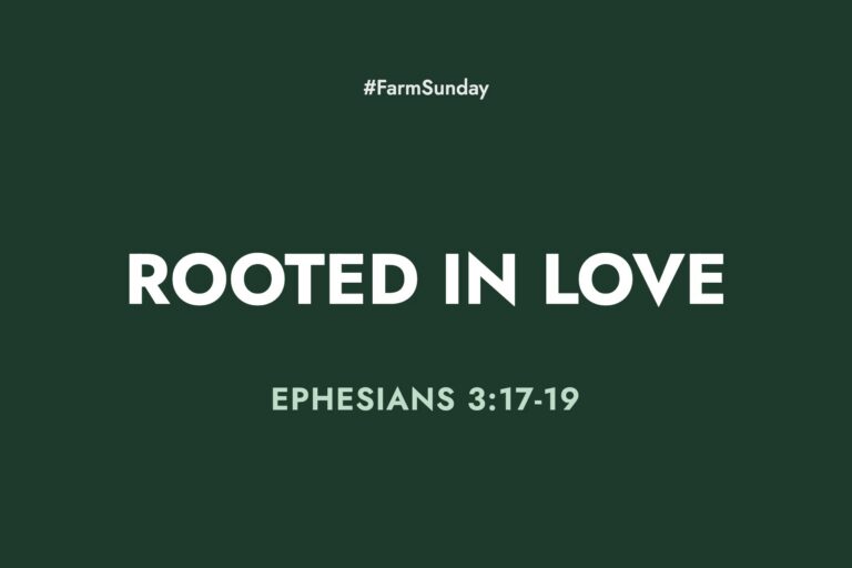 Farm Sunday devotional graphic reading Rooted in Love, with Ephesians 3:17-19