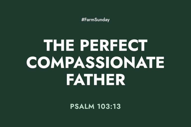 Farm Sunday devotional graphic reading The Perfect Compassionate Father, with Psalm 103:13