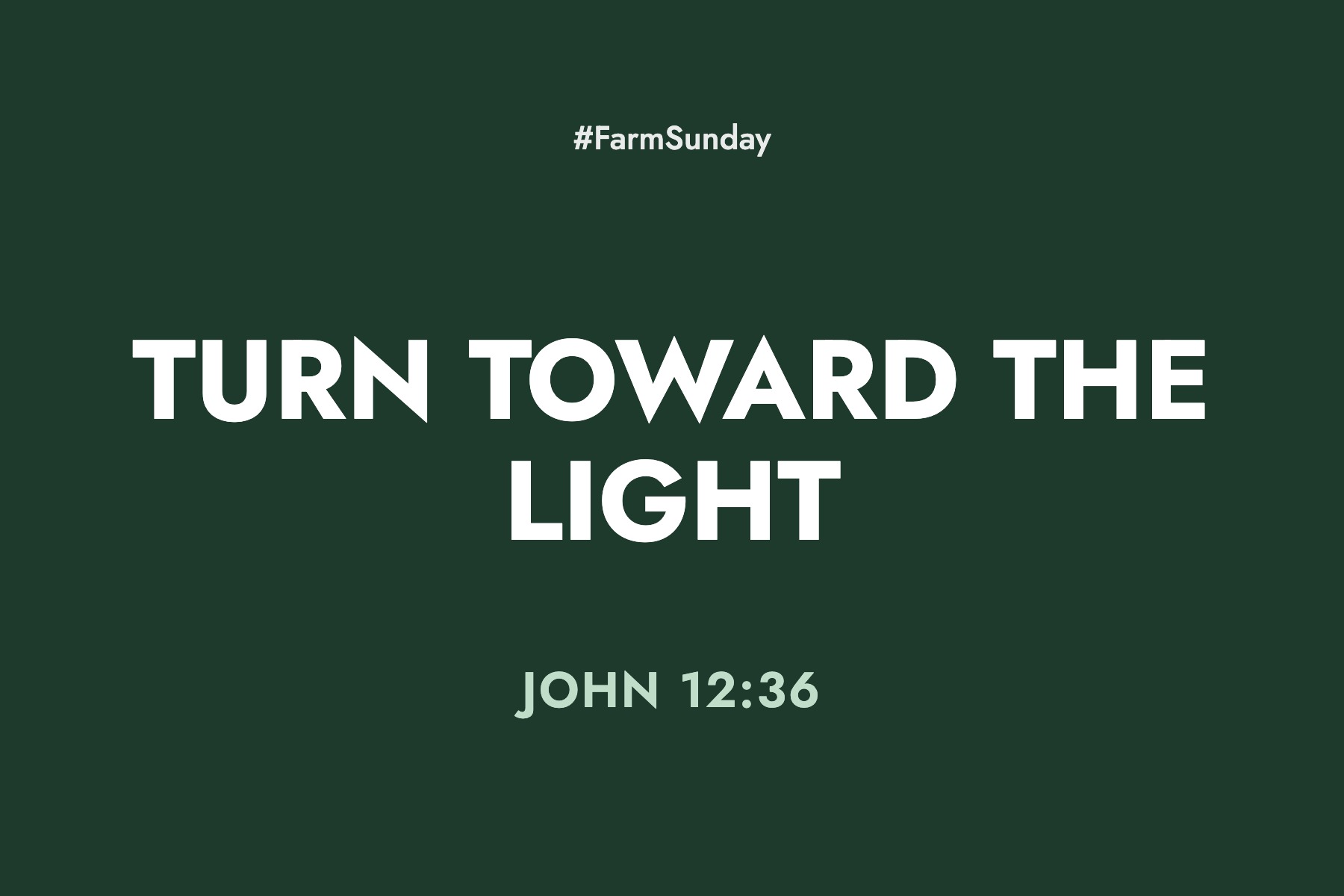 Farm Sunday devotional graphic reading Turn Toward the Light, with John 12:36