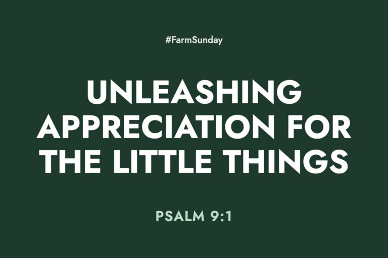 Farm Sunday devotional graphic reading Unleashing Appreciation for the Little Things, with Psalm 9:1