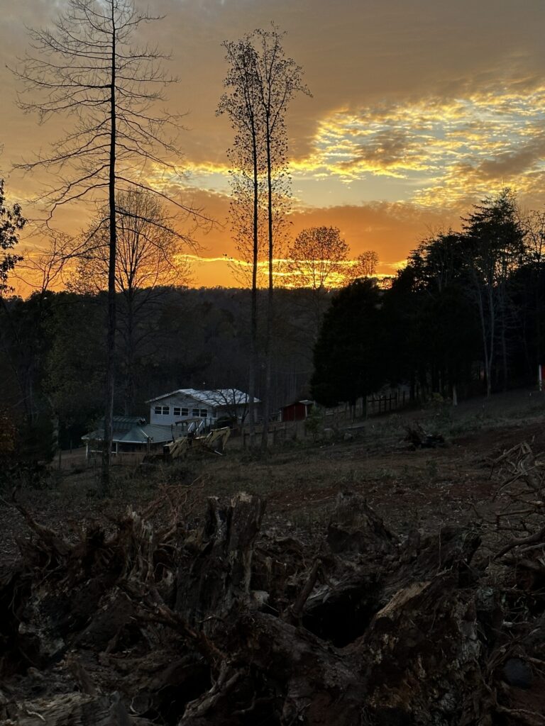 Sunset over the farm with bare trees and the barn in the distance