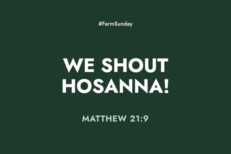 Farm Sunday devotional graphic reading We Shout Hosanna!, with Matthew 21:9