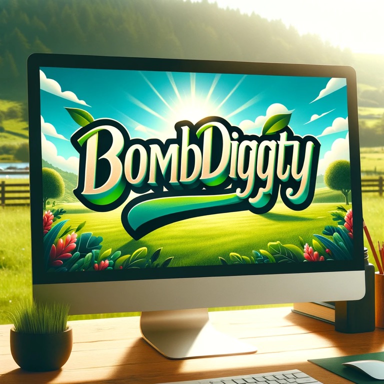 Computer monitor showing the Sweet BombDiggity Farms logo over a green field