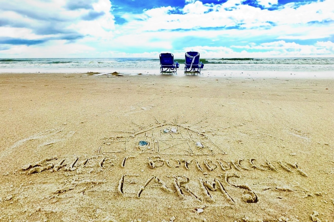 Two blue beach chairs at the edge of the ocean with Sweet BombDiggity Farms and a barn drawn in the sand